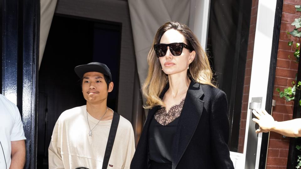 new york, new york august 16 pax jolie pitt and angelina jolie are seen in soho on august 16, 2023 in new york city photo by gothamgc images
