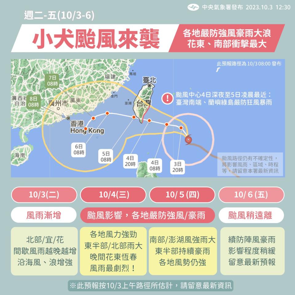 小犬颱風襲台，花東、南部衝擊最大。（圖／翻攝自報天氣 - 中央氣象署臉書）