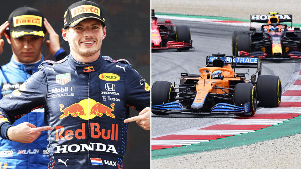 Lando Norris, pictured here behind Max Verstappen after copping a penalty in the Austrian Grand Prix.