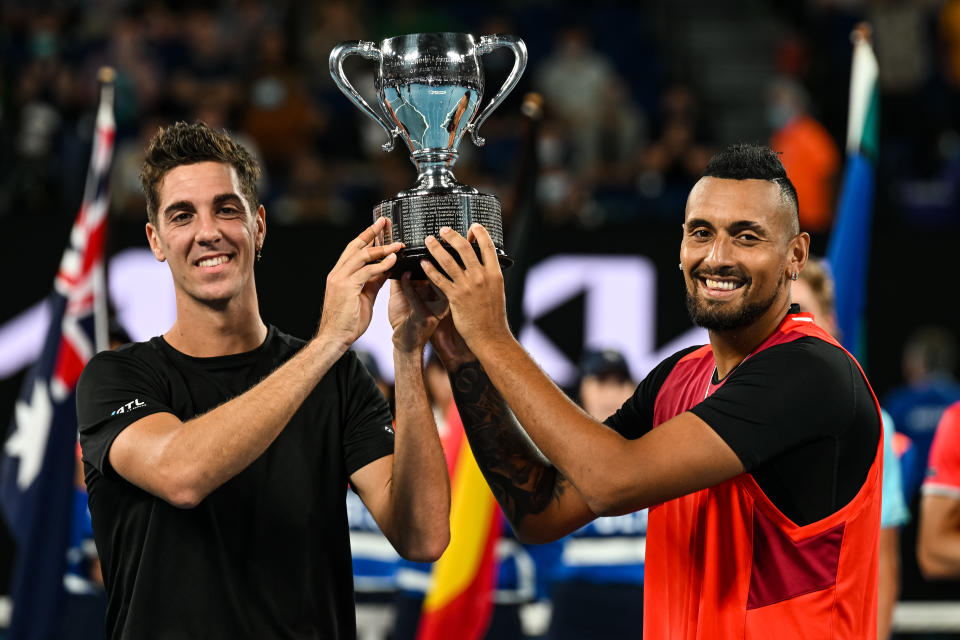 Thanasi Kokkinakis and Nick Kyrgios, pictured here celebrating with the trophy after winning the Australian Open doubles title.