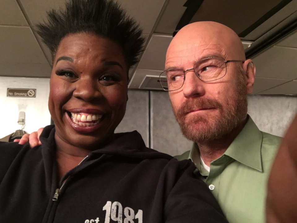 <p>“Omg you guys I met Mr White!! @BryanCranston he is the bomb.com!!” she wrote about the <em>Breaking Bad</em> star. Their differing expressions are everything. (Photo: <a rel="nofollow noopener" href="https://twitter.com/Lesdoggg/status/807831470463127552" target="_blank" data-ylk="slk:Leslie Jones via Twitter;elm:context_link;itc:0;sec:content-canvas" class="link ">Leslie Jones via Twitter</a>) </p>