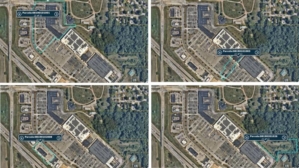 The turquoise lines on these parcel maps show property in and around Belleville Crossing that’s owned by companies under the Arciterra umbrella. Two are part of the main strip mall (upper left and right), one contains a smaller strip mall (lower left) and one is vacant land (lower right).