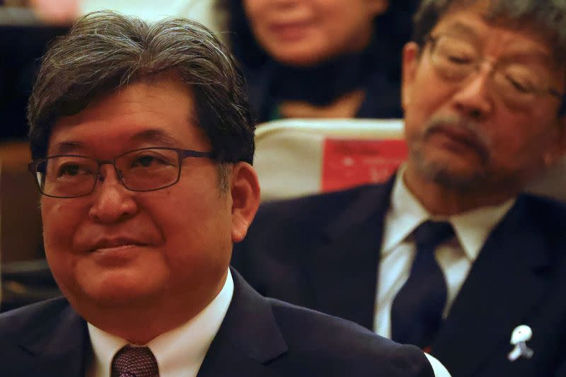 Koichi Hagiuda, policy chief for Japan's ruling Liberal Democratic Party look on after speaking at a forum in Taipei