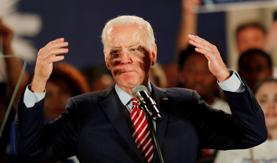 Democratic U.S. presidential candidate and former Vice President Joe Biden speaks to supporters at a campaign rally on the night of the New Hampshire primary in Columbia, South Carolina, U.S., February 11, 2020. REUTERS/Randall Hill     TPX IMAGES OF THE DAY