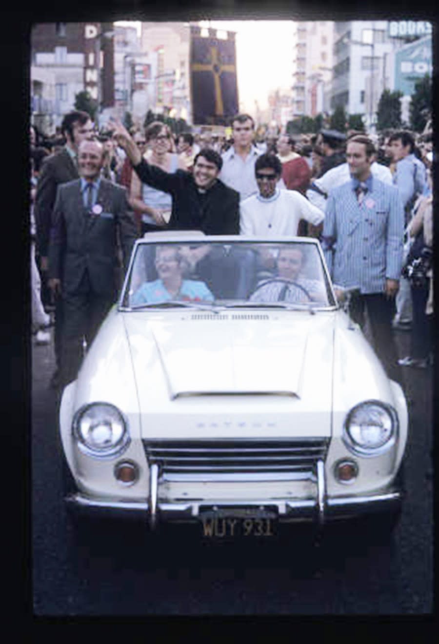 Rev Troy Perry, Steve Jordan and Edith Allen Perry at LA's first Christopher Street West pride parade 1970.