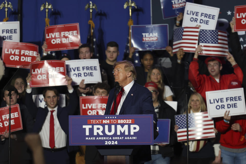 Former President Donald Trump speaks at a campaign rally, Saturday, Dec. 16, 2023, in Durham, N.H. (AP Photo/Reba Saldanha)