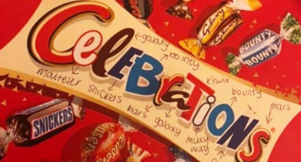 Sian Smith realised the Celebrations logo contains fonts from each chocolate inside the packet. Source: Facebook/ Sian Smith