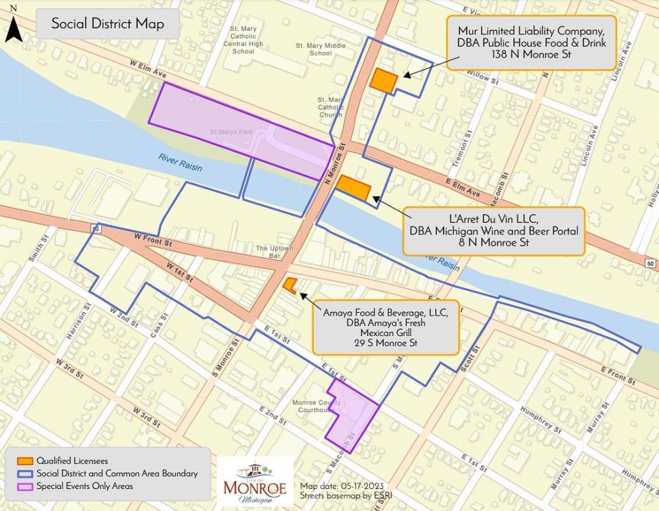 Updated map of the downtown Monroe social district as of July 19, 2023.