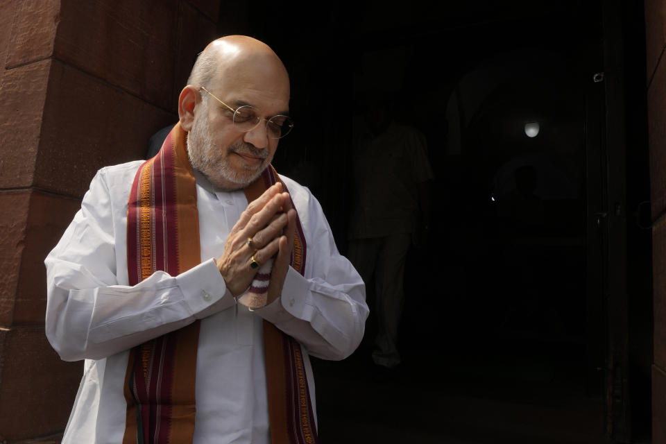 Indian Home Minister Amit Shah arrives on the opening day of the monsoon session of the Indian parliament, in New Delhi, India, Thursday, July 20, 2023. Indian prime minister Narendra Modi Thursday broke more than two months of his public silence over the deadly ethnic clashes that have marred the country's remote northeast Manipur state, a day after a viral video showed two women being paraded naked by a mob, sparking outrage across the nation. (AP Photo/Manish Swarup)