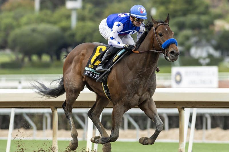 Top 3-year-old Nysos, shown winning the Robert B. Lewis Stakes on Feb. 3, has has a "minor setback" and will miss a month's trainer, trainer Bob Baffert said. Benoit Photography, courtesy of Santa Anita