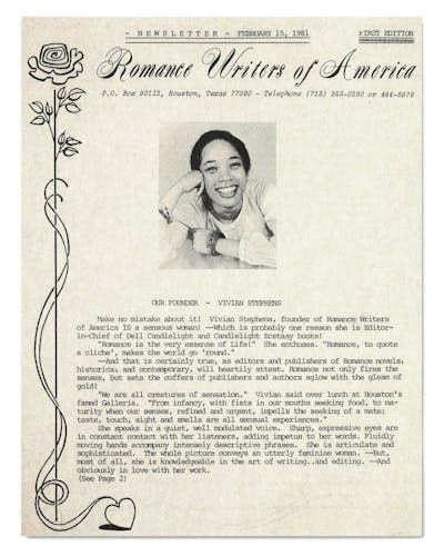 Newsletter with text, a graphic of a rose and a black and white headshot of a young, Black woman.