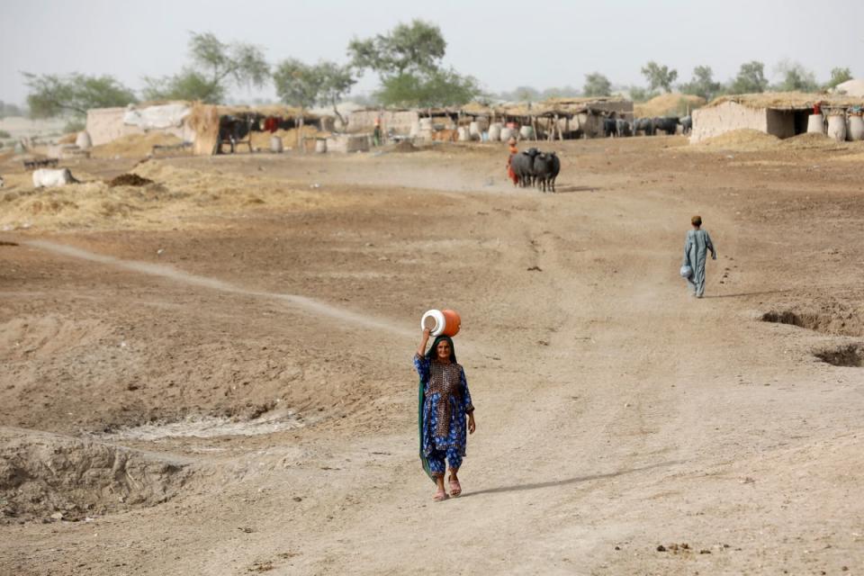 A woman walks to fetch water from a nearby hand-pump with a water cooler on her head (Reuters)