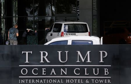 FILE PHOTO: The logo on the facade of the Trump Ocean Club International Hotel and Tower Panama is pictured in Panama City, Panama February 27, 2018. REUTERS/Carlos Lemos