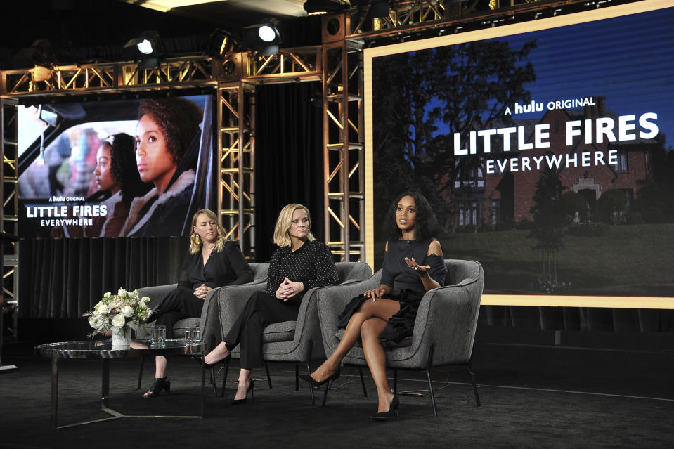 Liz Tigelaar, from left, Reese Witherspoon and Kerry Washington participate in the Hulu "Little Fires Everywhere" panel during the Winter 2020 Television Critics Association Press Tour, on Friday, Jan. 17, 2020, in Pasadena, Calif. (Photo by Richard Shotwell/Invision/AP)