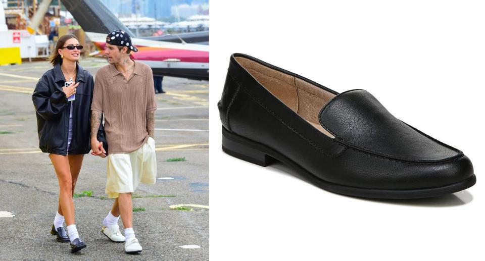 Hailey Bieber-inspired simple square-toe loafers (Photos via Getty Images and Amazon)