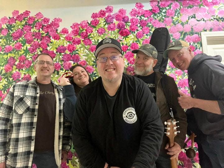 The Gardner-based Musical Chairs of Massachusetts podcast recently featured the Rt. 2 Revolution band. From the left: Eric Grey, show co-host Nikki Cross, host Chris Guerra, Marcus Casavant, and Chris Boutell.