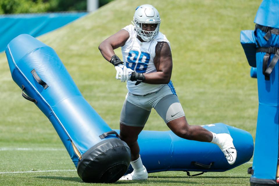 Lions defensive tackle Brodric Martin practices during minicamp at in Allen Park on Wednesday, June 7, 2023.