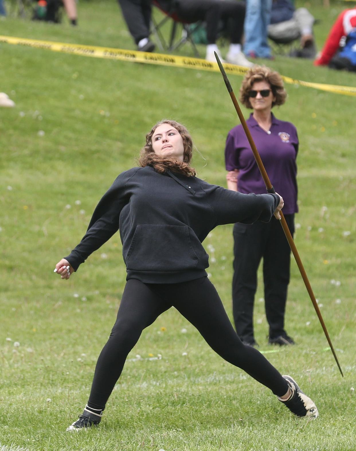 John Jay-East Fishkill's Emma Pittore prepares to unleash a throw during the girls javelin competition at the Somers Lions Club Joe Wynne Invitational track and field meet at Somers High School May 4, 2024. Pittore won at 91 feet, 6 inches.