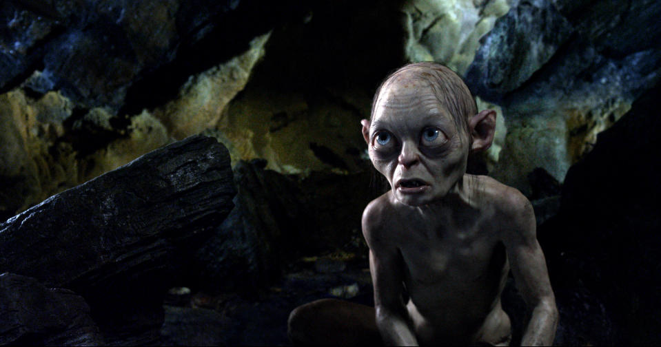 FILE - This publicity file photo released by Warner Bros., shows the character Gollum voiced by Andy Serkis in a scene from the fantasy adventure "The Hobbit: An Unexpected Journey." The superhero blockbusters “The Avengers,” “The Dark Knight Rises” and “The Amazing Spider-Man” are among 10 films that have made the cut for visual-effects nominations for the Feb. 24 Oscars. The other seven contenders announced Thursday, Nov. 29, 2012, are the Bond adventure “Skyfall,” “Snow White and the Huntsman,” “The Hobbit: An Unexpected Journey,” “Cloud Atlas,” “John Carter,” “Life of Pi” and “Prometheus.” (AP Photo/Warner Bros., File)