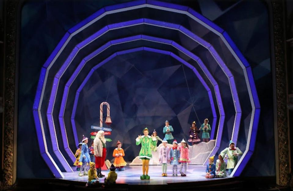 Blake Hammond, Steven Booth, and the cast of the 2018 Ogunquit Playhouse’s production of Elf The Musical at The Music Hall.