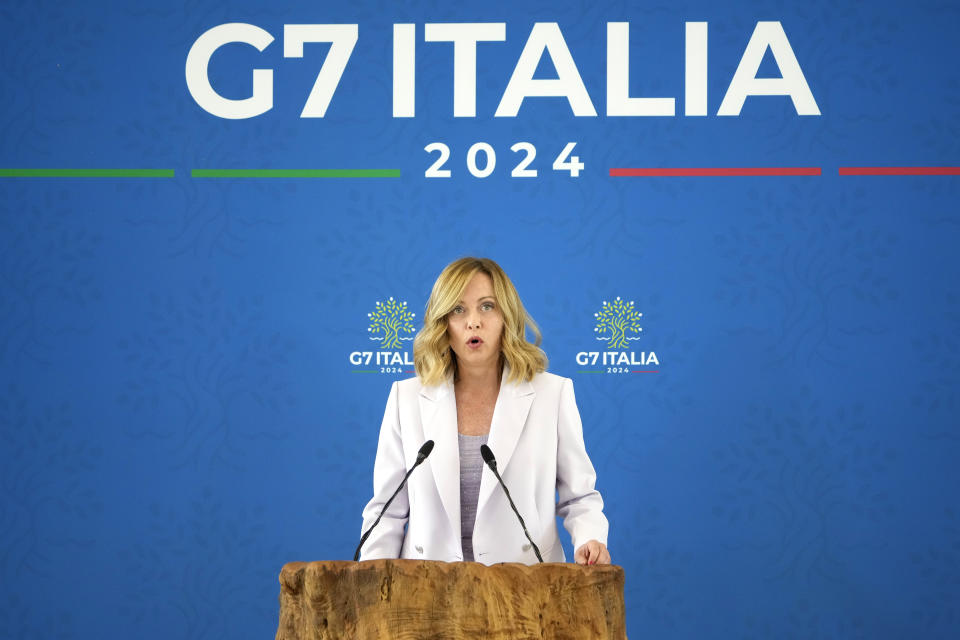 Italian Prime Minister Giorgia Meloni speaks during a final media conference at the G7 in Borgo Egnazia, near Bari in southern Italy, Saturday, June 15, 2024. (AP Photo/Andrew Medichini)