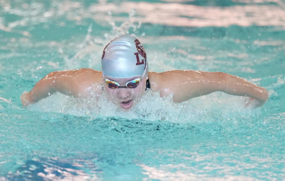 Isabelle Yoo of Leonia/PalPark in the girls 100 Yard Butterfly at the NJIC Swimming Championships in Lyndhurst on February 4, 2023.