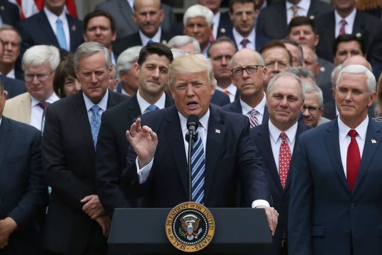 President Trump speaks in the Rose Garden at the White House after the House passed the health care bill, May 4