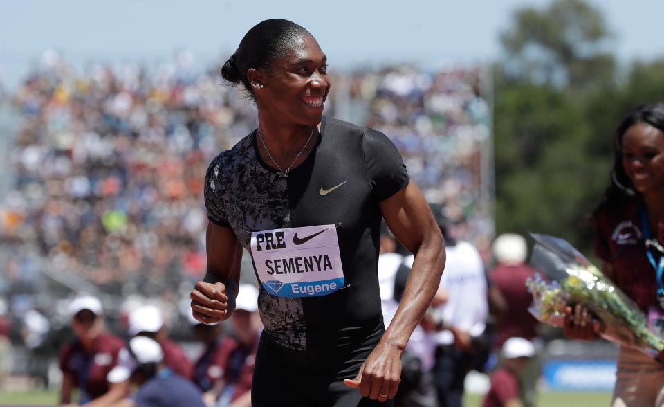 FILE - In this Sunday, June 30, 2019 file photo, South Africa's Caster Semenya smiles after winning the women's 800-meter race during the Prefontaine Classic, an IAAF Diamond League athletics meeting, in Stanford, Calif. USA. Caster Semenya's lawyer said Tuesday Nov. 17, 2020, they will take her case against the world track and field federation to the European Court of Human Rights in what's likely to be a last-ditch legal challenge against regulations that require the South African and some other female athletes to artificially lower their natural testosterone levels to compete. (AP Photo/Jeff Chiu, File)