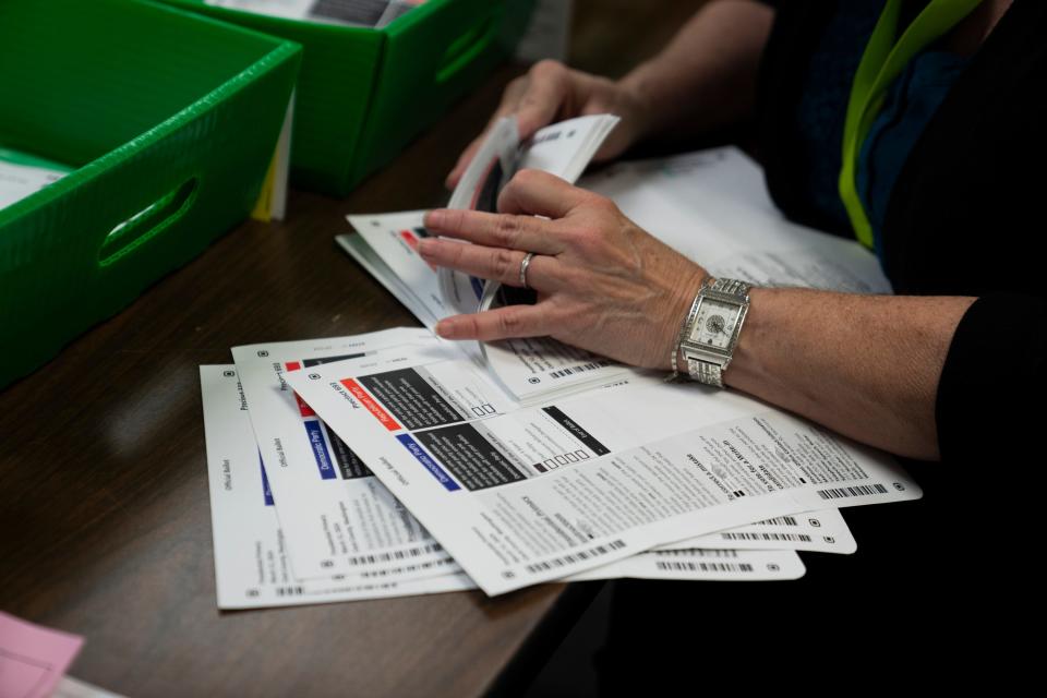 A worker sorts through vote-by-mail ballots during the presidential primary election on Tuesday, March 12, 2024, at the Clark County Elections Office in Vancouver, Wash. (AP Photo/Jenny Kane) ORG XMIT: WAJKOTK