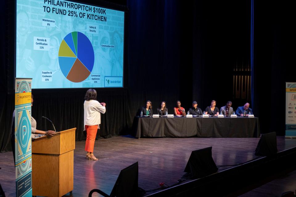 Elevate Northland Executive Director Judith Cockrell gives a presentation in April to a panel of judges at the Philanthropitch competition for funding for nonprofits held at the Riffe Center in downtown Columbus.