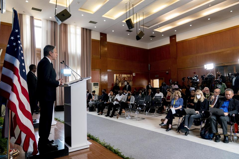 Secretary of State Antony Blinken, accompanied by Rwanda's Minister of Foreign Affairs Vincent Biruta, left, hold a news conference at the Ministry of Foreign Affairs and International Cooperation in Kigali, Rwanda, Thursday, Aug. 11, 2022. Blinken is on a ten day trip to Cambodia, Philippines, South Africa, Congo, and Rwanda. (AP Photo/Andrew Harnik, Pool)