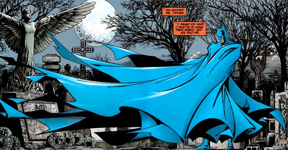 A drawing of Batman in graveyard his giant cape covering the spread