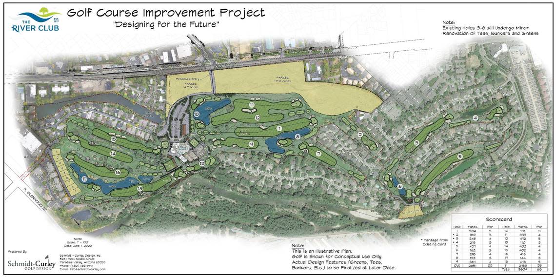 This map shows the River Club golf course and the location of 22 acres along State Street that are being proposed for development of residential and retail space. North Pierce Park Lane intersects with State Street at the top of this map.