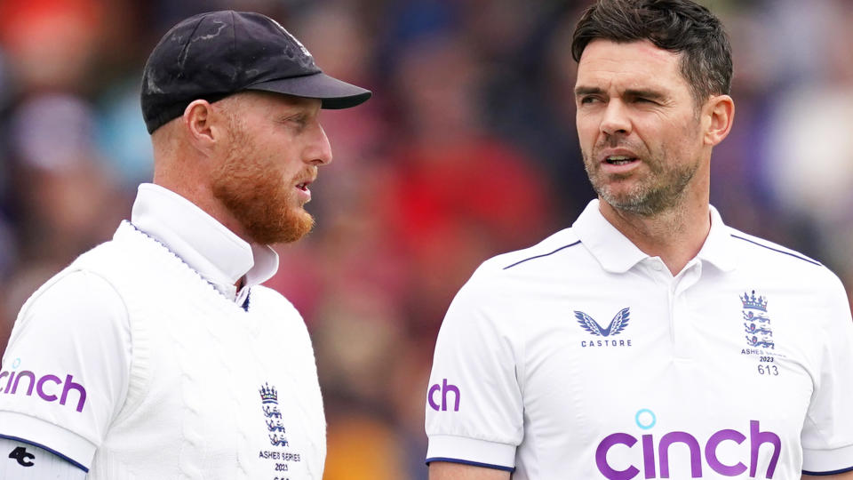 England captain Ben Stokes is pictured in conversation with Jimmy Anderson.