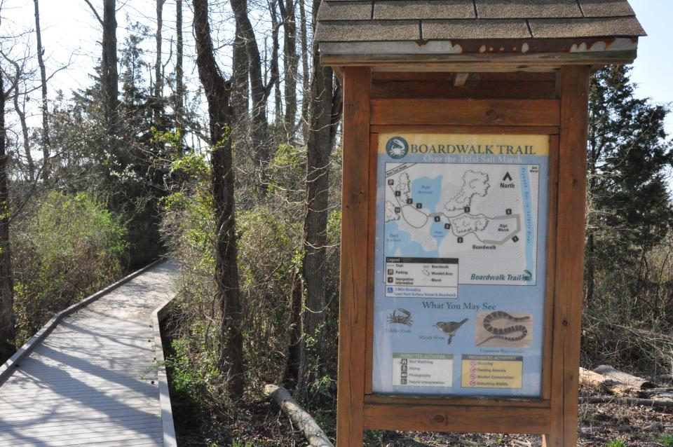The start of one of the boardwalk trails through the marsh at Bombay Hook National Wildlife Refuge includes a sign with a map along with pictures and descriptions of some of the animals you may see.