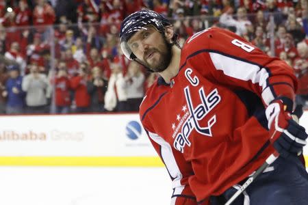 Dec 15, 2018; Washington, DC, USA; Washington Capitals left wing Alex Ovechkin (8) reacts after scoring a goal on Buffalo Sabres goaltender Carter Hutton (not pictured) in a shootout at Capital One Arena. The Capitals won 4-3 in a shootout. Mandatory Credit: Geoff Burke-USA TODAY Sports