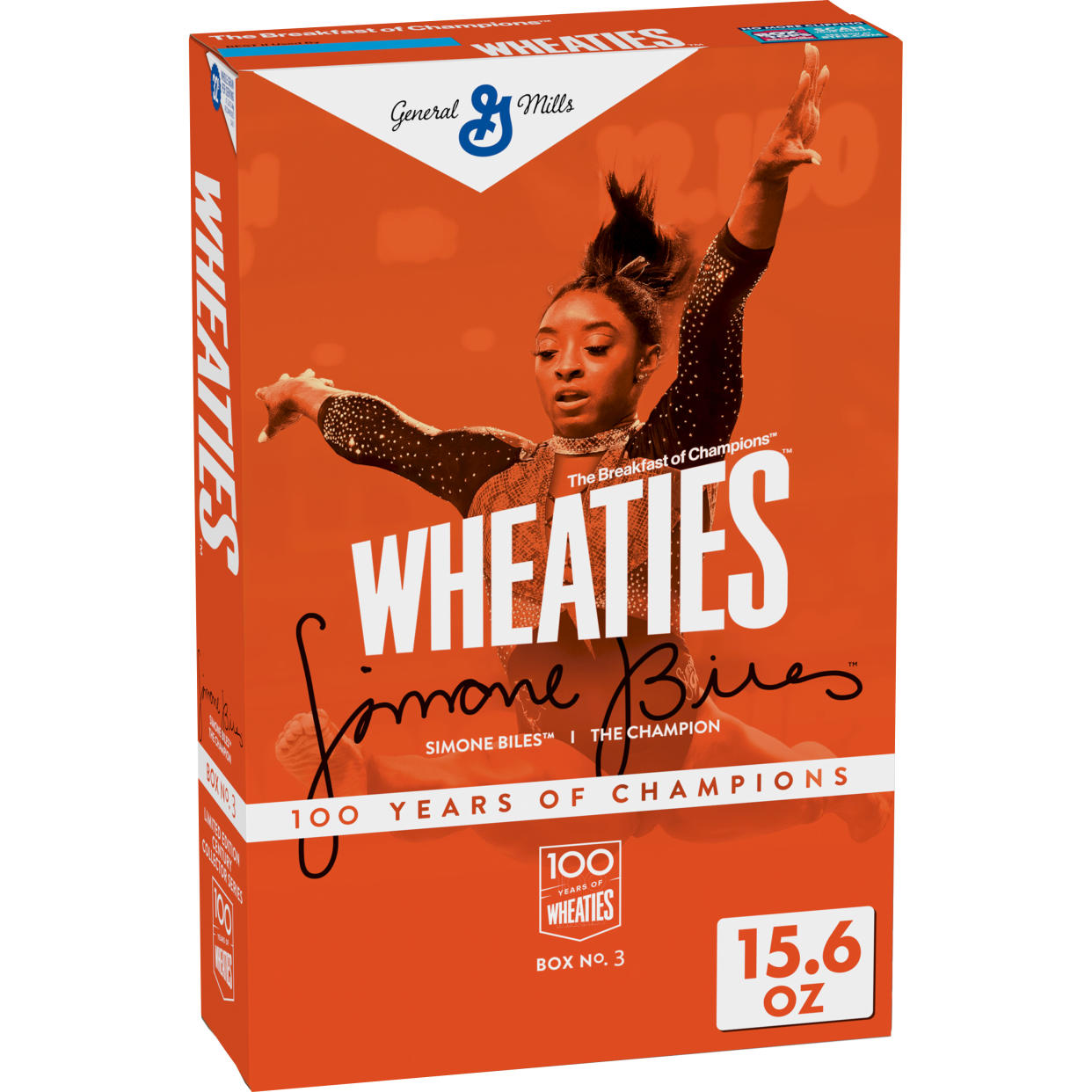 Olympic gymnast Simone Biles graces the third and final box of Wheaties' Century Collection, celebrating 100 years of the iconic cereal box. (Courtesy Wheaties) 
