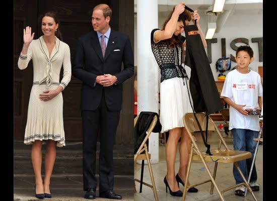 <strong>LOOK 1</strong>: At a welcome ceremony in Charlottetown, Canada on July 4, 2011, wearing an Alexander McQueen dress.  <br>  <br><strong>LOOK 2</strong>: Meeting participants in an Inner City Arts program in a Whistles skirt on July 10, 2011. (Getty photos)