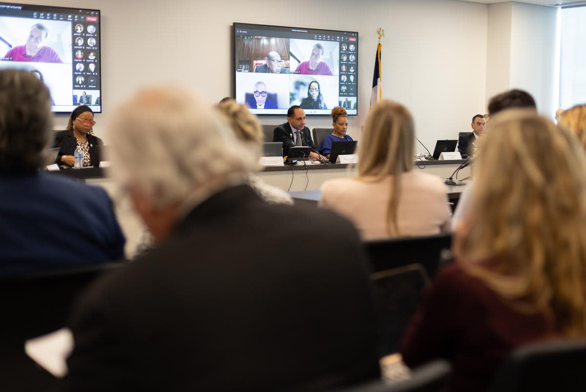 President of the Texas Medical Board Dr. Sherif Zaafran, M.D., center, speaks during a board meeting in Austin on Mar. 22, 2024. During the meeting, the board addressed ‘Consideration and possible action on rules regarding exceptions to the ban on abortions.’