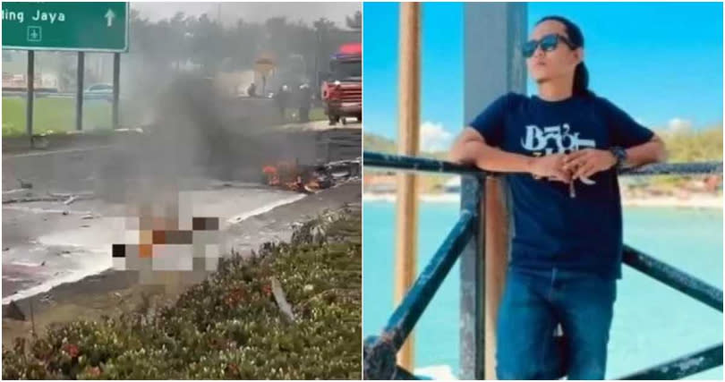 馬來西亞小飛機墜毀，導致機車騎士全身起火燒成焦屍。（圖／擷取自臉書）