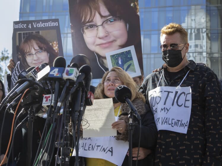 LOS ANGELES, CA - DECEMBER 28: Soledad Peralta recounts the events of her daughter, Valentina Orellana-Peralta's, death during an emotional press conference on Tuesday, Dec. 28, 2021. Valentina's father Juan Pablo Orellana Larenas, right, recounted how he wanted to see a Lakers game with Valentina and never had a chance to give her a skateboard for Christmas. (Myung J. Chun / Los Angeles Times)