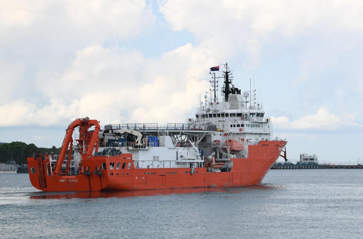 The MV Swift Rescue leaving Changi Naval Base to join the search operations for the missing Indonesian submarine KRI Nanggala 402. (PHOTO: Facebook/Ng Eng Hen)