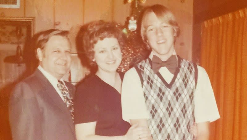 Jay Evensen, right, on Christmas 1973 with his sister, Marianne Evensen and father, Glenn S. Evensen, left.