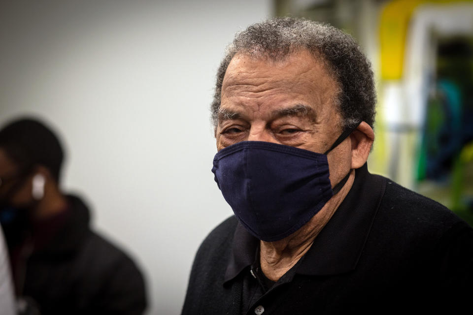 Andrew Young, former U.S. Ambassador to the United Nations watches after he received his COVID-19 vaccination on Tuesday, Jan. 5, 2021, at the Morehouse School of Medicine in Atlanta. Young, baseball great Hank Aaron and others received their vaccinations in an effort to highlight the importance of getting vaccinated for Black Americans who might be hesitant to do so. (AP Photo/Ron Harris)