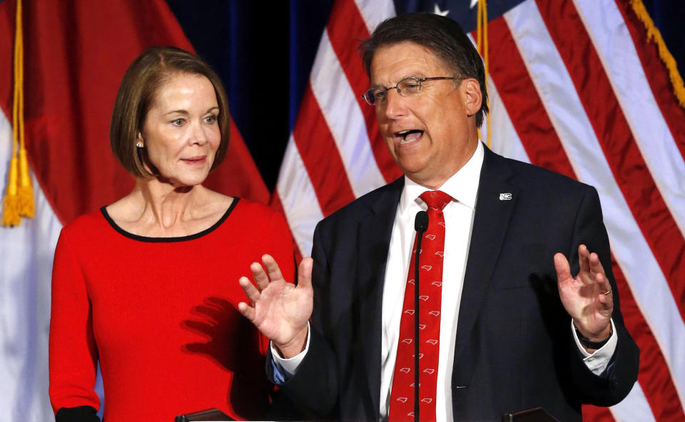 Then-Gov. Pat McCrory (R) of North Carolina speaks to supporters with his wife, Ann, at his side in Raleigh on 2016's Election Day. McCrory lost to Democrat Roy Cooper, contested the outcome by alleging voter fraud and finally conceded a month later. (Photo: Raleigh News & Observer via Getty Images)