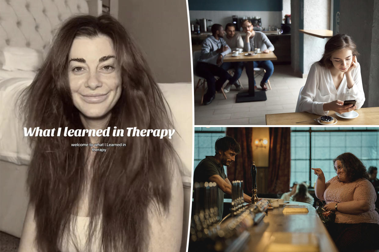 (Left) TikTok user Danielle Walter. (Top Right) Men looking at lovesick co-worker. (Bottom right) Richard Gadd and Jessica Gunning in Netflix hit 