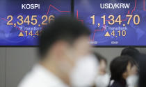 Currency traders watch computer monitors near the screens showing the Korea Composite Stock Price Index (KOSPI), left, and the foreign exchange rate between U.S. dollar and South Korean won at the foreign exchange dealing room in Seoul, South Korea, Thursday, Oct. 29, 2020. Asian shares logged moderate losses on Thursday and U.S. futures turned higher after the S&P 500 slid 3.5% overnight for its biggest drop since June.(AP Photo/Lee Jin-man)