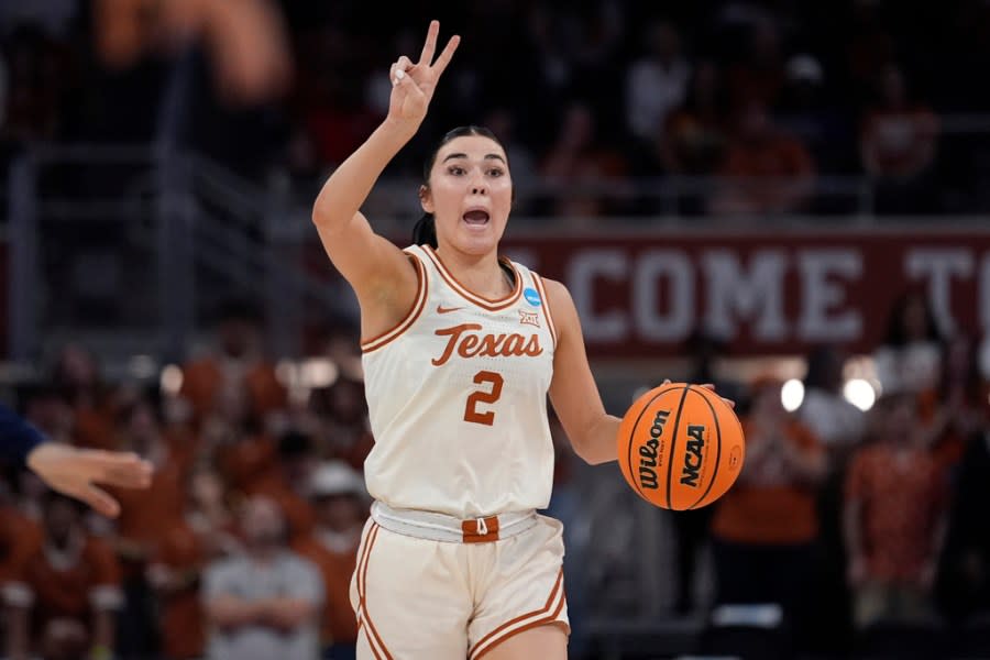 Texas guard Shaylee Gonzales (2) moves the ball up court against Drexel during the first half of a first-round college basketball game in the women’s NCAA Tournament in Austin, Texas, Friday, March 22, 2024. (AP Photo/Eric Gay)