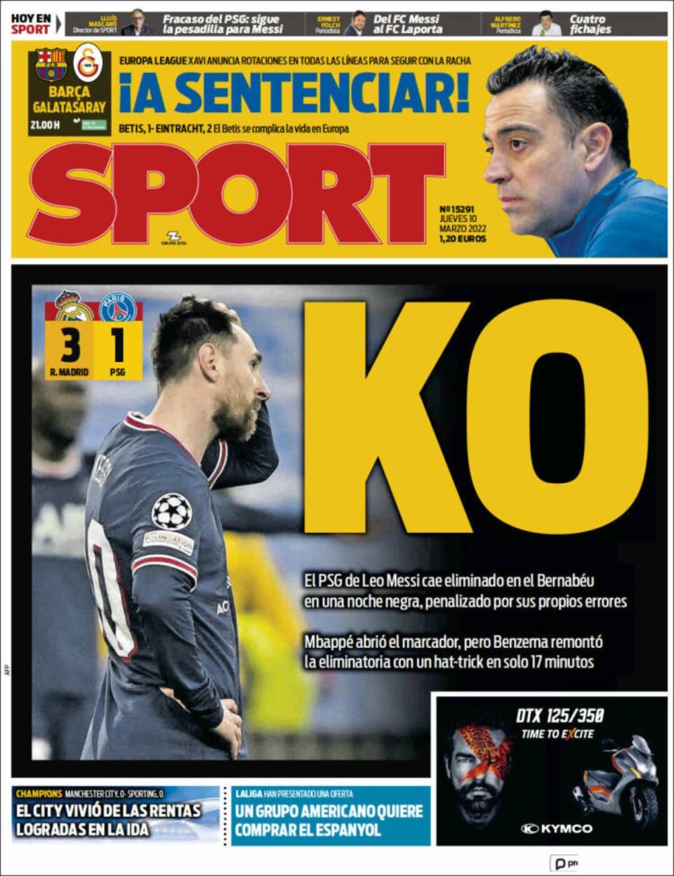 La portada de &#x002018;Sport&#x002019; de este 10 de marzo. (Foto: Sport).