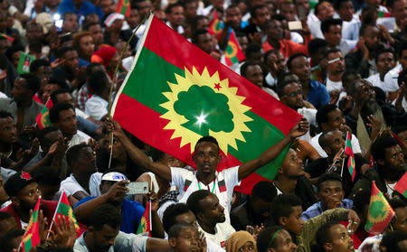 FILE PHOTO: A man holds an Oromo Liberation Front (OLF) flag as people celebrate the returning of Jawar Mohammed, U.S.-based Oromo activist and leader of the Oromo Protests, in Addis Ababa, Ethiopia August 5, 2018. REUTERS/Tiksa Negeri/File Photo